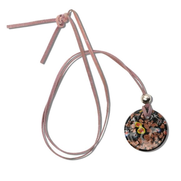 Millefiori Round Glass Pendant Necklace Floral Black Fabric Band Classic - Picture 1 of 8